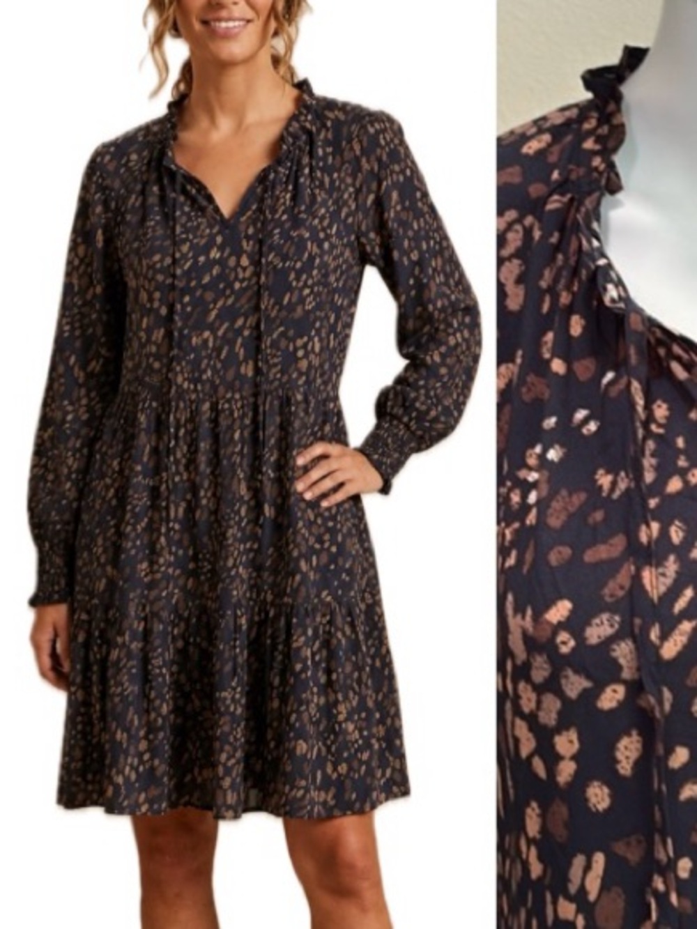 BeachLunchLounge Babydoll Midi Dress Size XS Dot Patterned Tiered Ruffle Hem